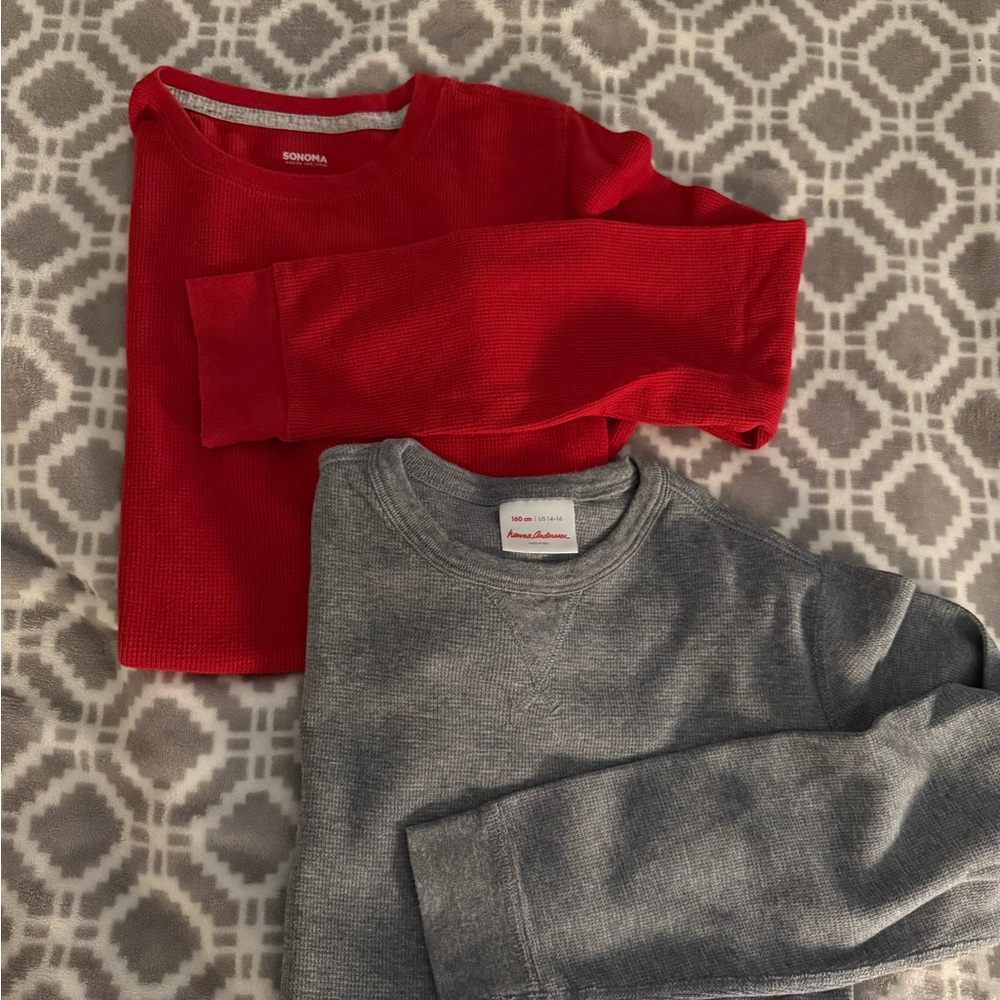 Boys Sz XL thermal L/S Tees, Set of 2 in Red and Gray, EUC
